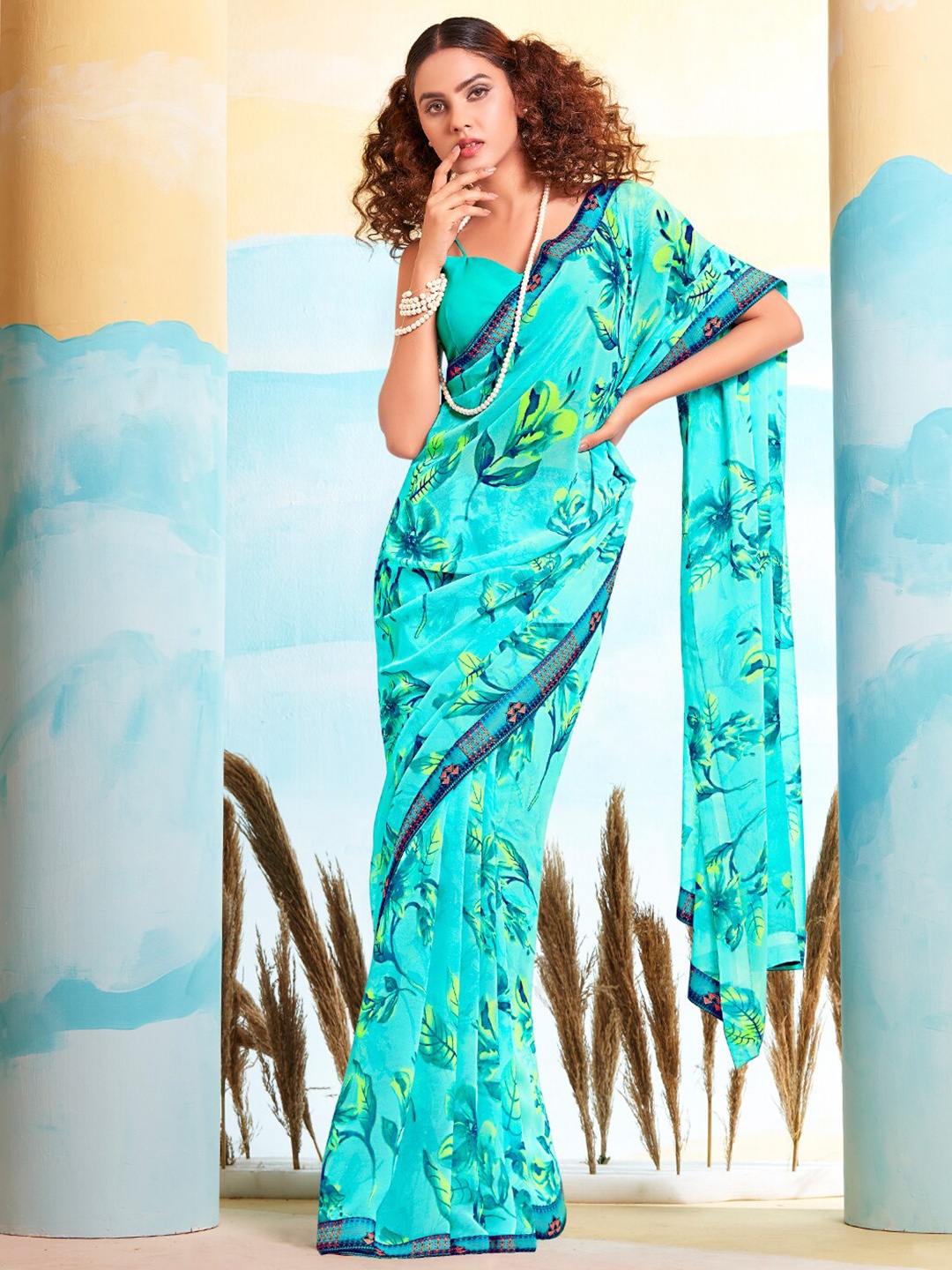 

SANSKAR Floral Printed Saree, Turquoise blue