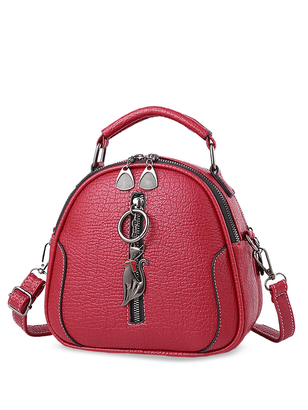 

SYGA Textured Leather Half Moon Handheld Bag with Tasselled, Red