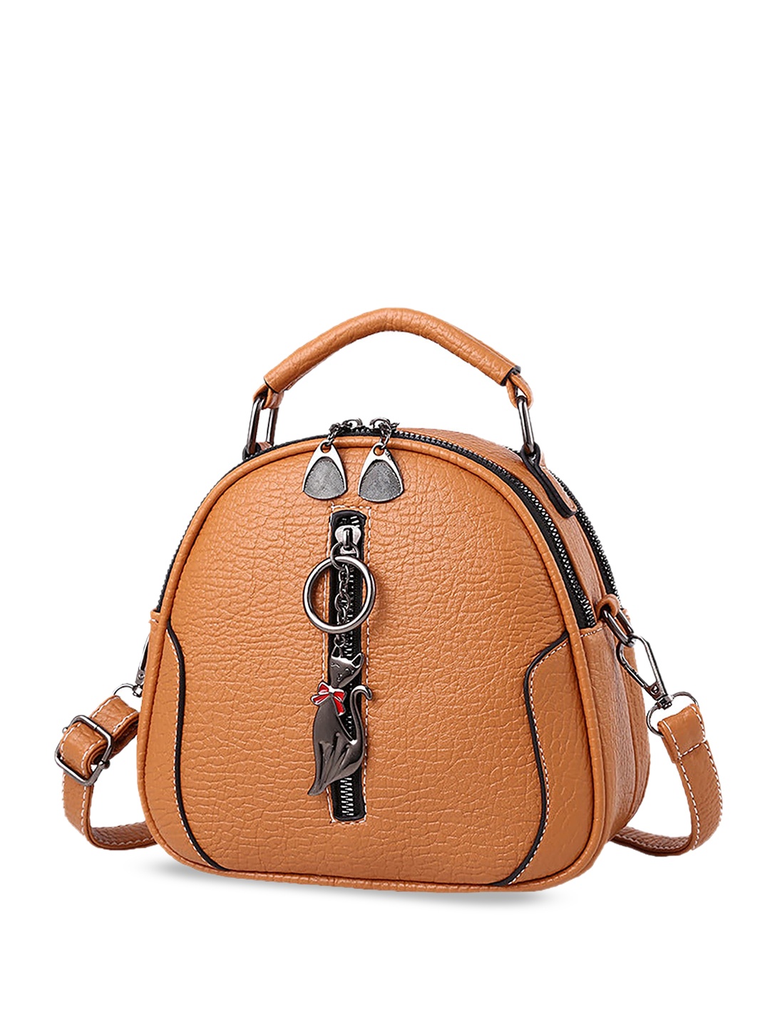 

SYGA Textured Leather Half Moon Sling Bag with Tasselled, Camel brown