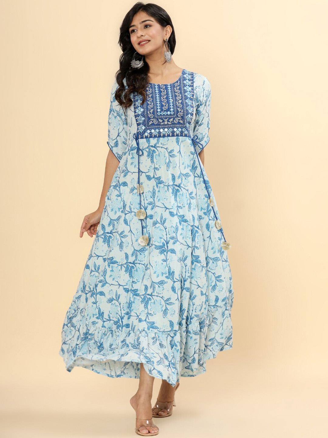 

ftDiva Women Dyed Flared Sleeves Mirror Work Floral Anarkali Kurta, Blue