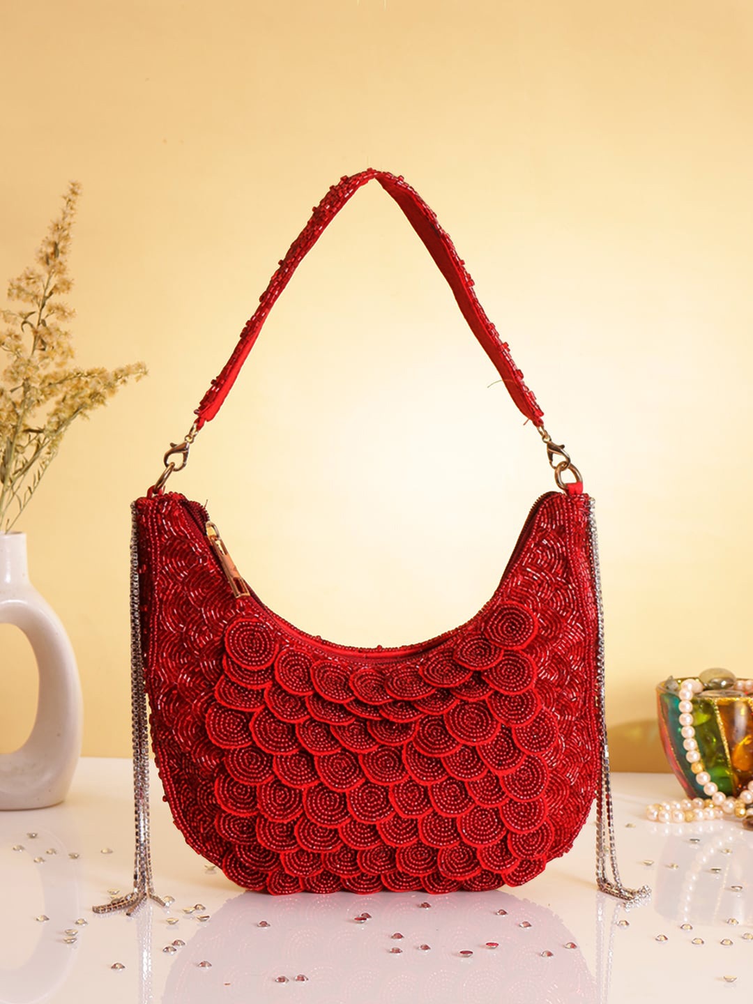 

Swisni Embellished Half Moon Hobo Bag, Red