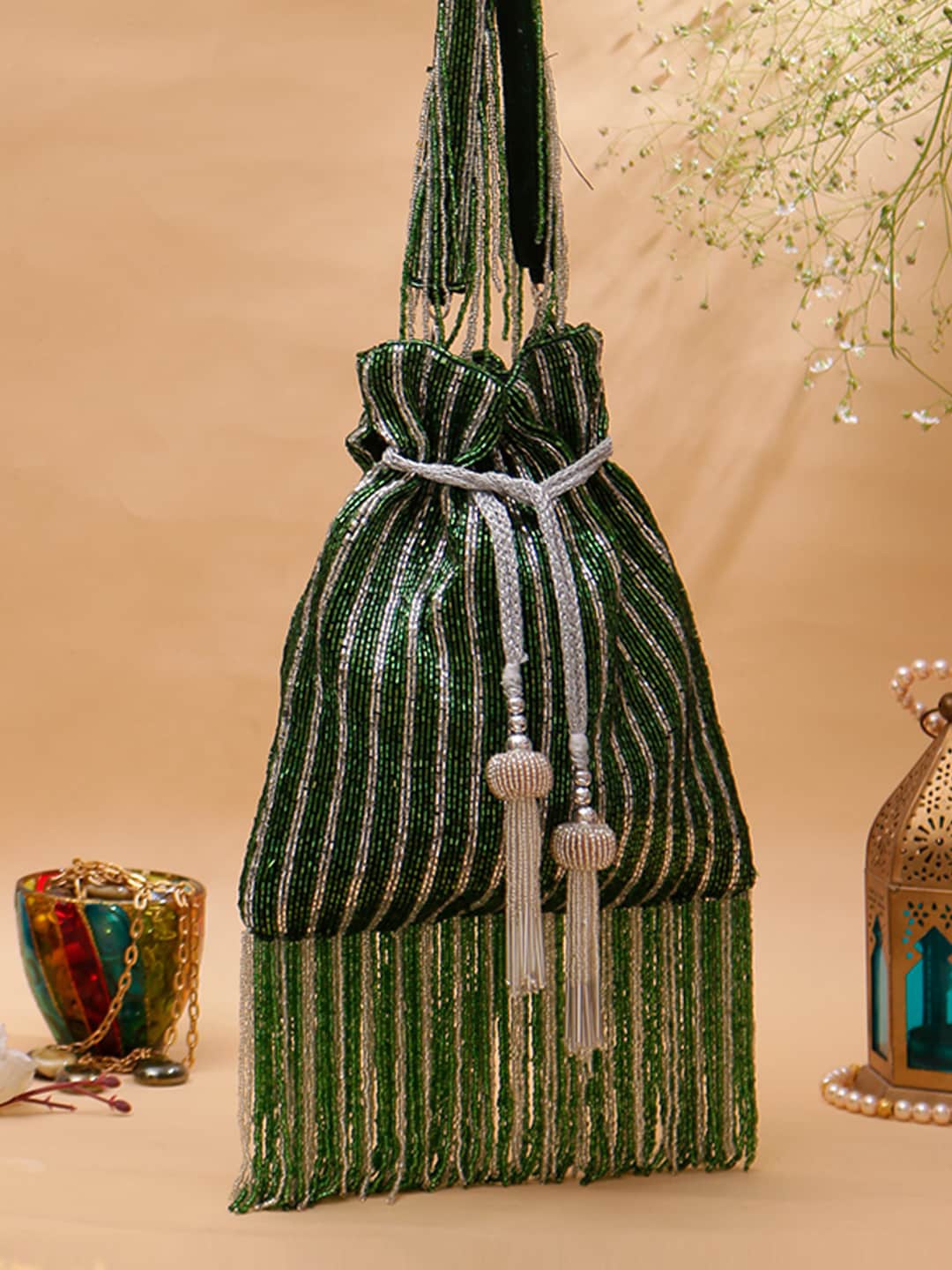

Swisni Embellished Potli Clutch, Green