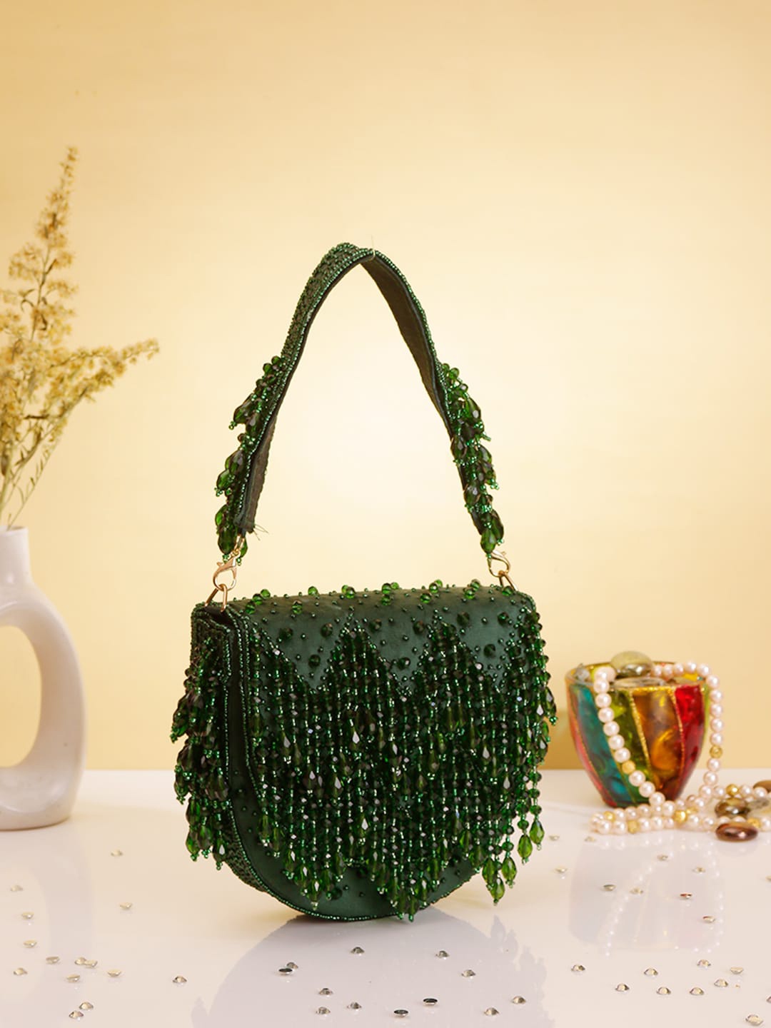 Swisni Embellished Shopper Handheld Bag with Fringed, Green