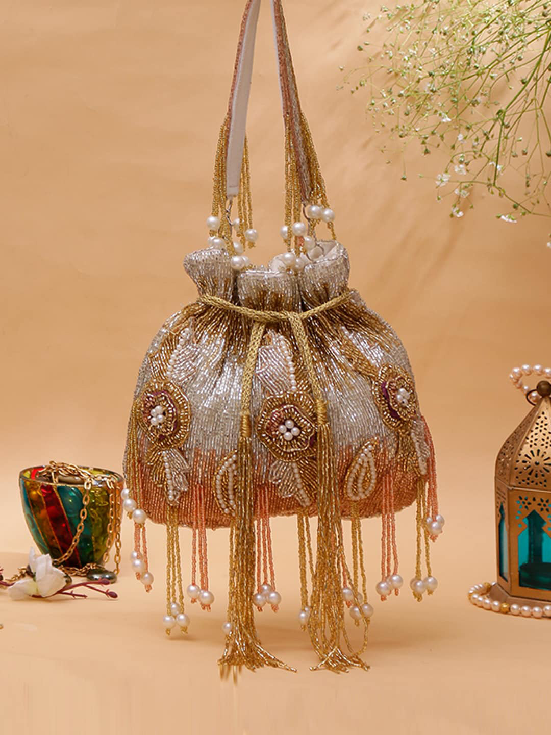 

Swisni Half Moon Handheld Bag with Tasselled, Gold