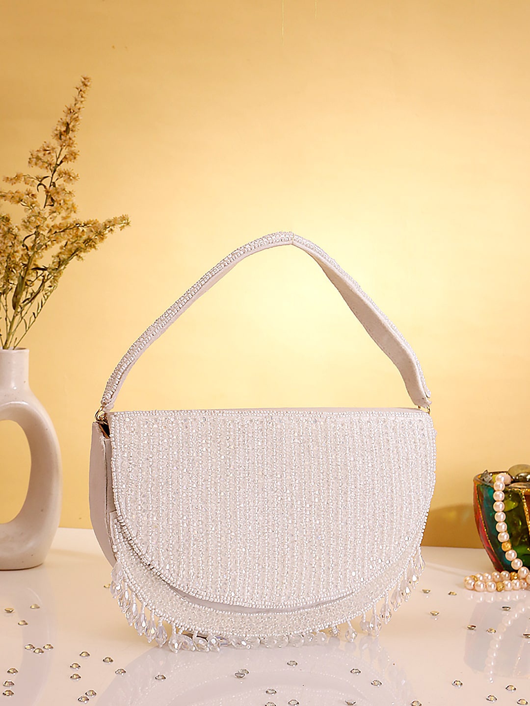 

Swisni Oversized Half Moon Shoulder Bag with Tasselled, White