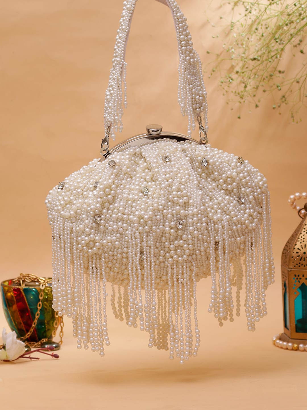 

Swisni Pearl Embellished Potli, White