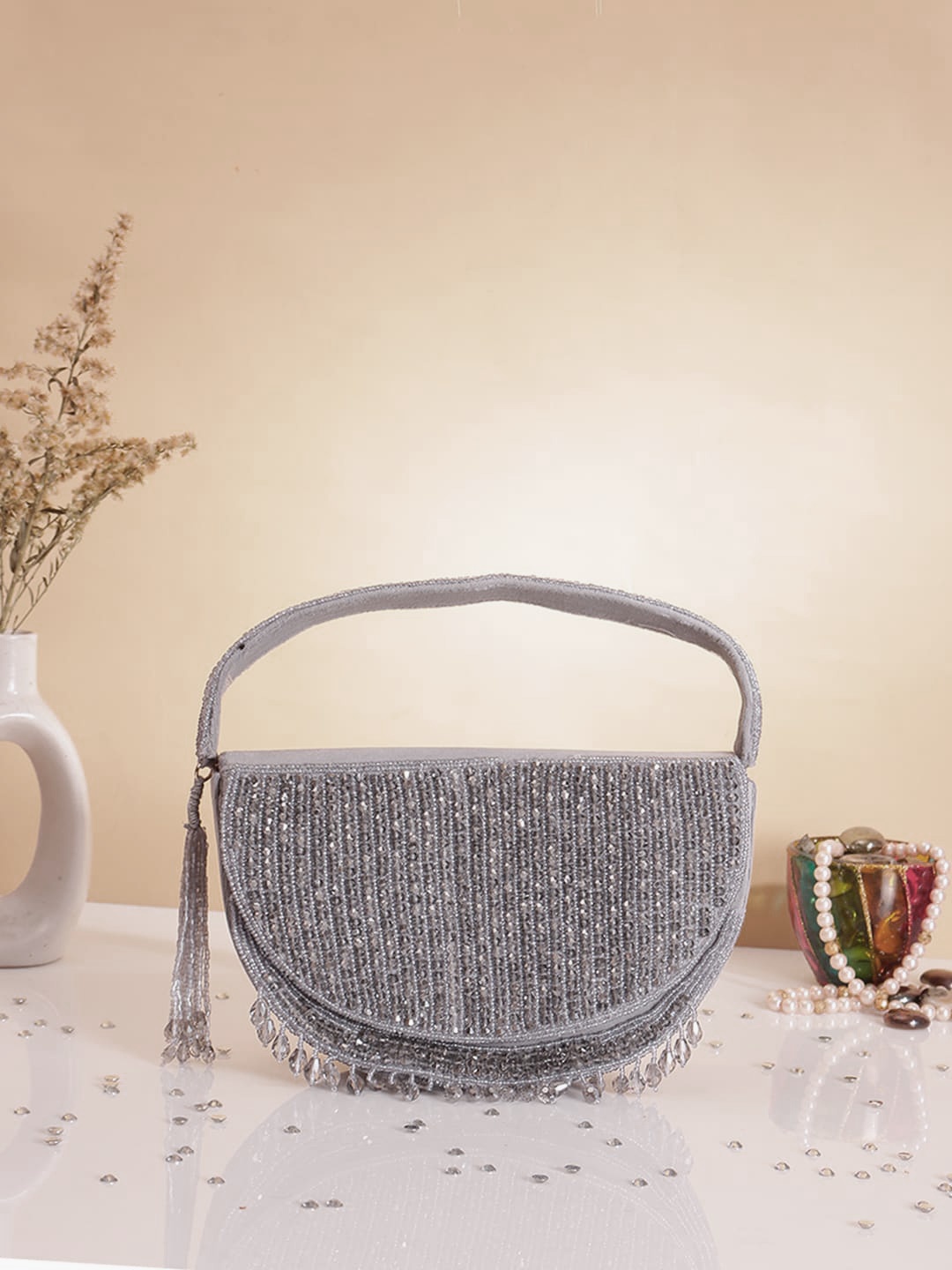 

Swisni Embellished Half Moon Purse, Grey