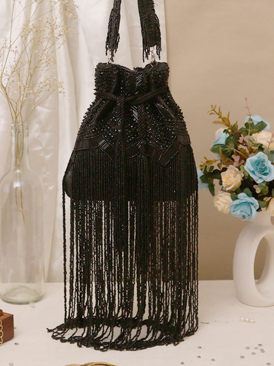 Swisni Embellished Potli With Fringed, Black