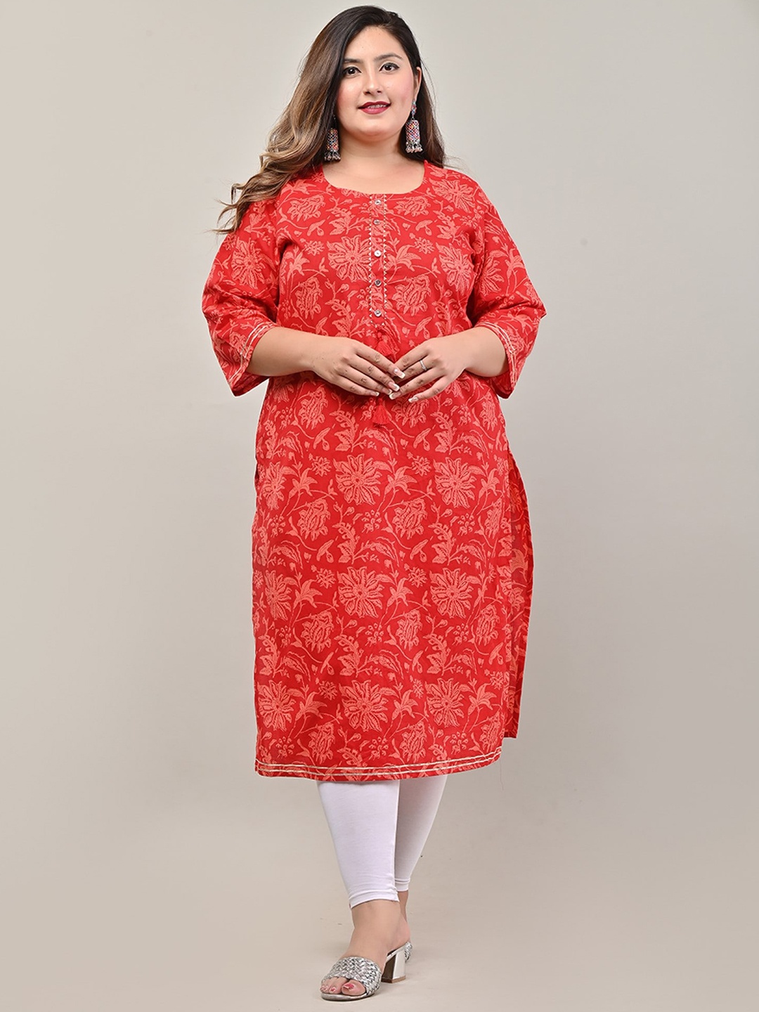 KALINI Women Printed Flared Sleeves Thread Work Floral Kurta, Red