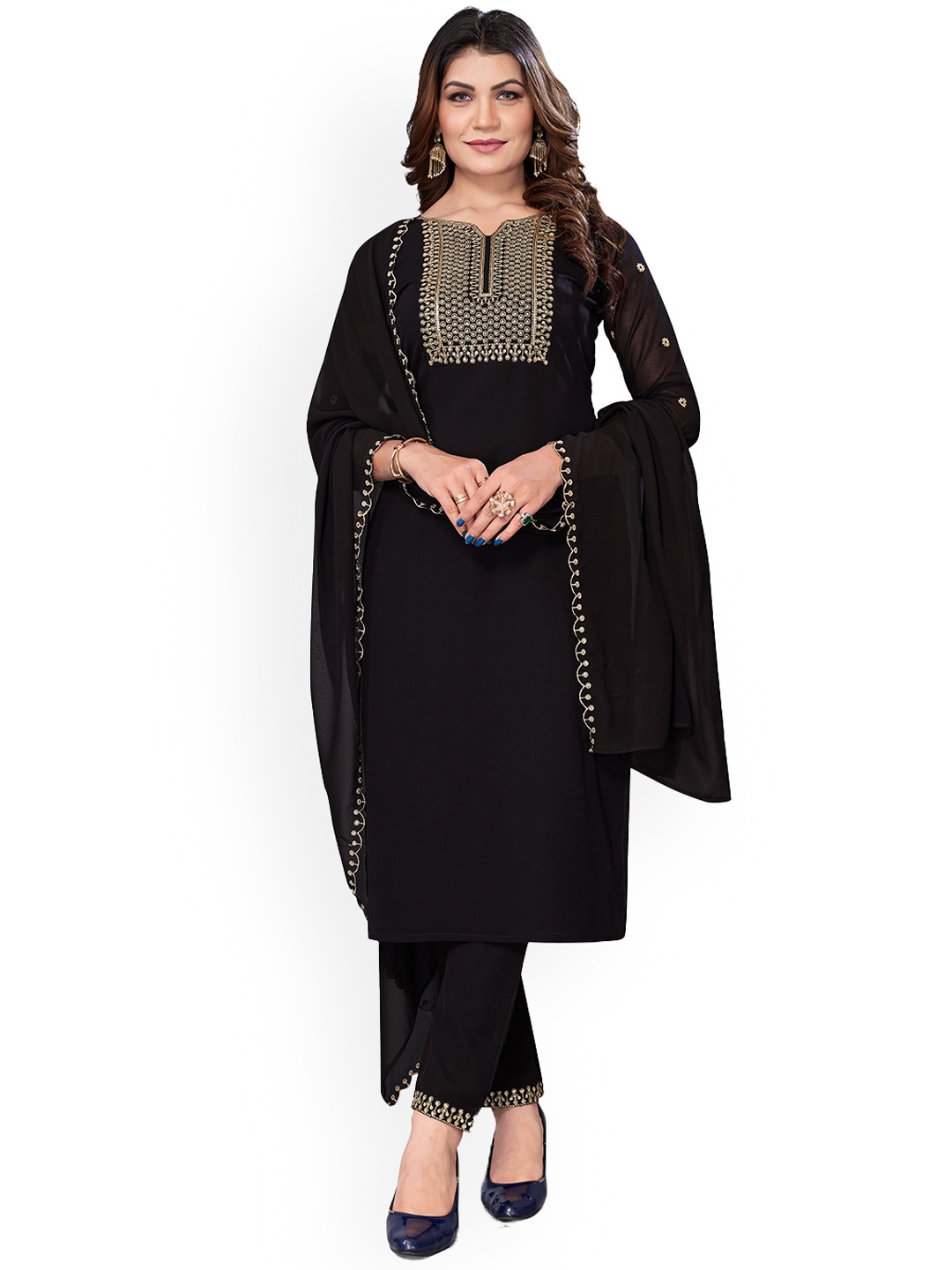 

BAESD Ethnic Motifs Embroidered Yoke or Border Sequinned Kurta with Trousers & Dupatta, Black