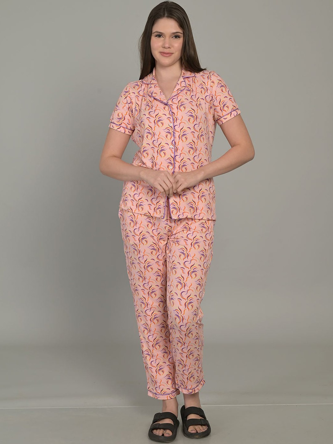 

MAYSIXTY Floral Printed Lapel Collar Night Suit, Pink