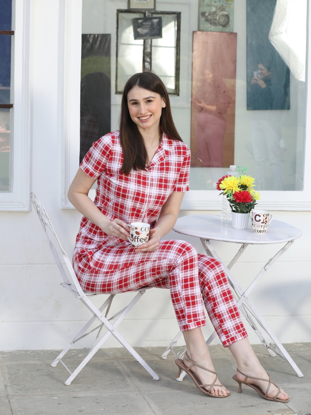

MAYSIXTY Checked Lapel Collar Pure Cotton Night Suit, Red