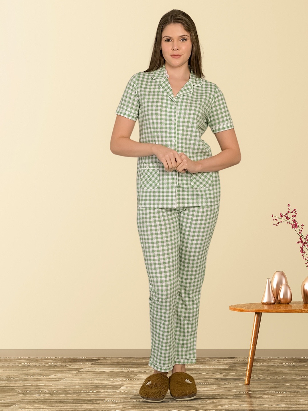 

MAYSIXTY Checked Lapel Collar Pure Cotton Night Suit, Green