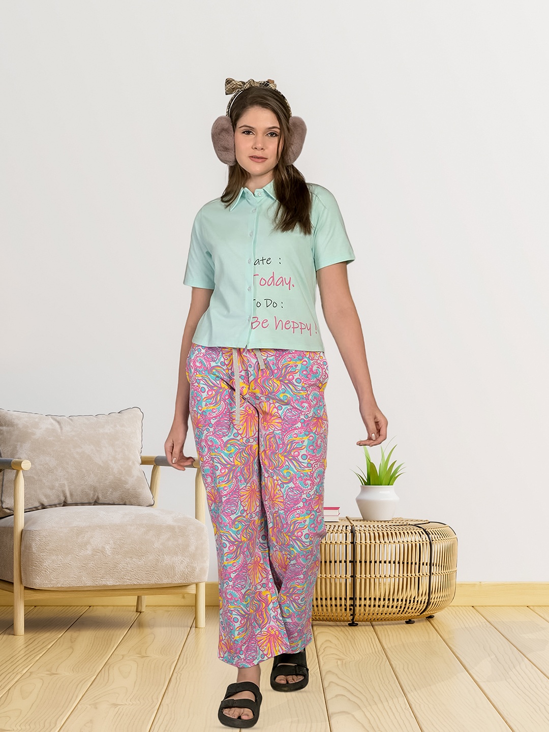 

MAYSIXTY Typography Printed Pure Cotton Night suit, Blue