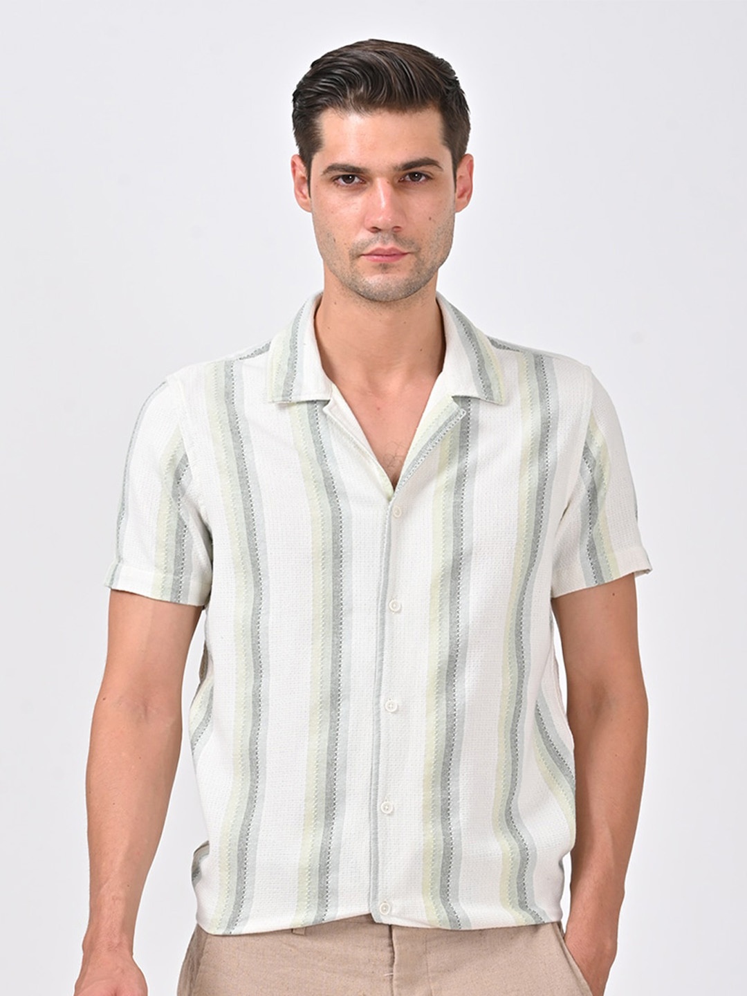 

POE Men Smart Slim Fit Multi Stripes Opaque Striped Casual Shirt, Green