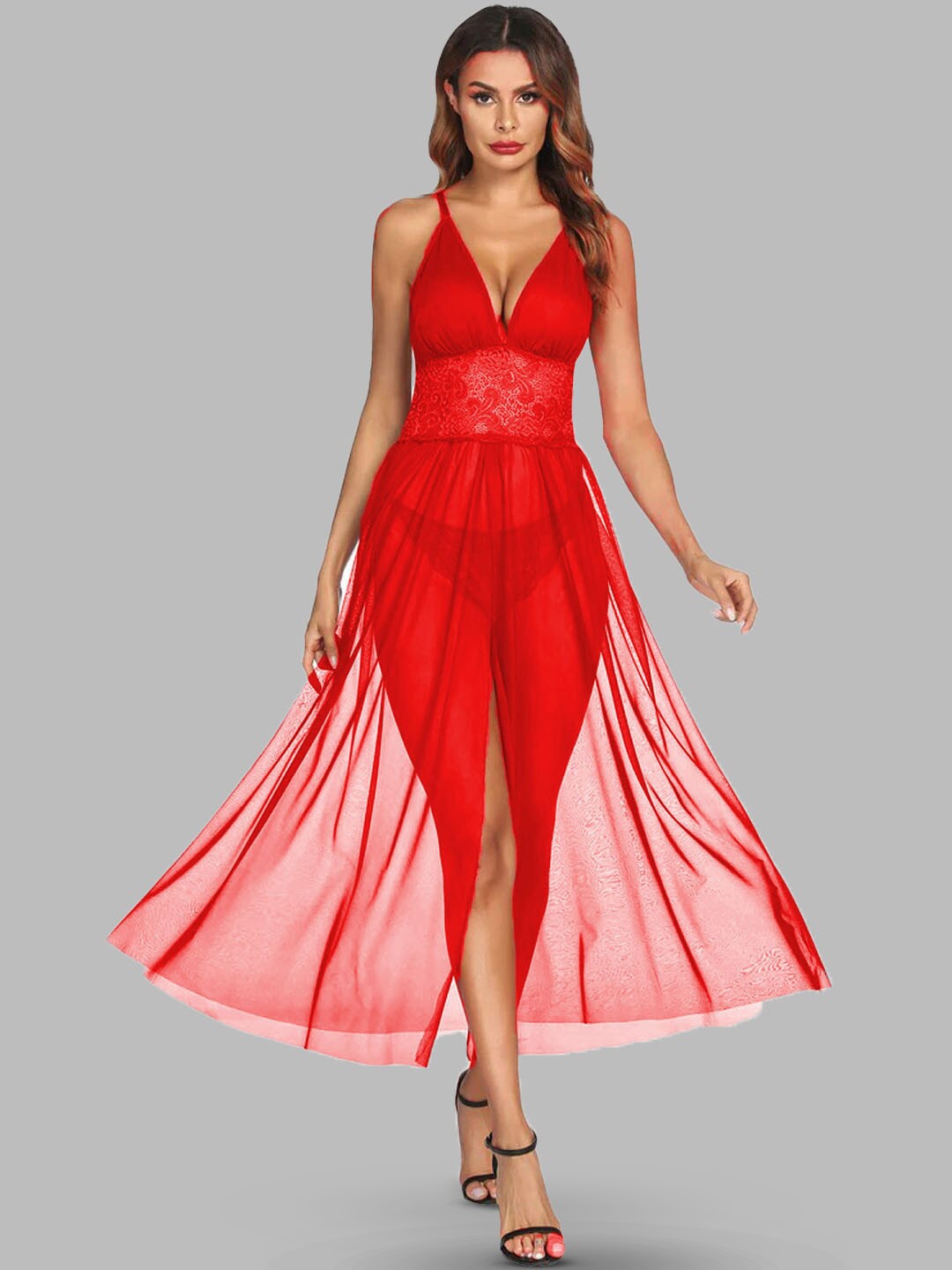

Krelin Self Design Shoulder Straps Net Baby Doll, Red