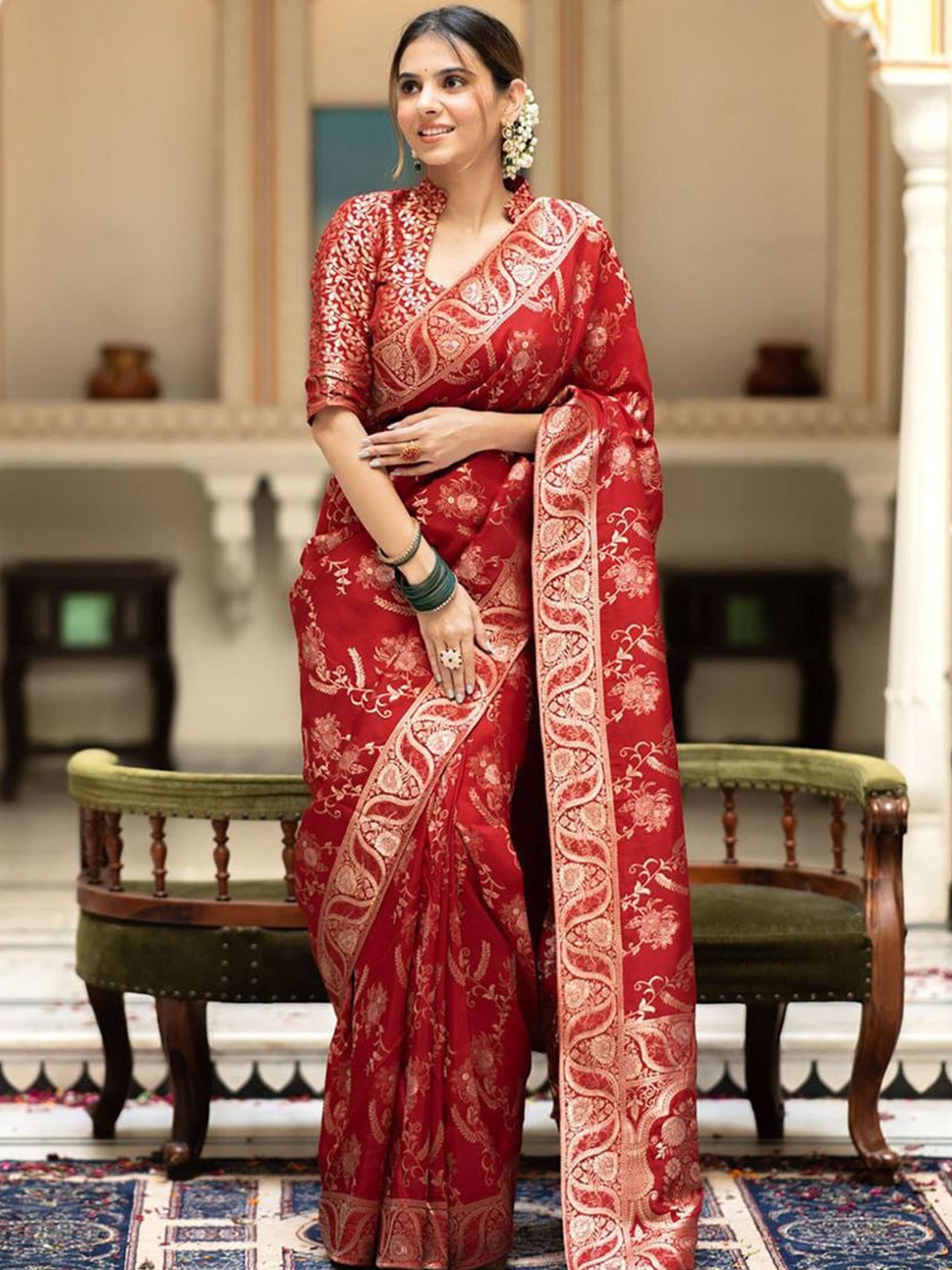 

S.K.C Woven Design Zari Banarasi Saree, Red