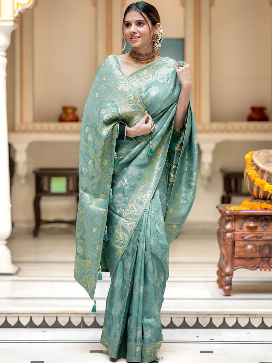 

S.K.C Woven Design Zari Banarasi Saree, Green