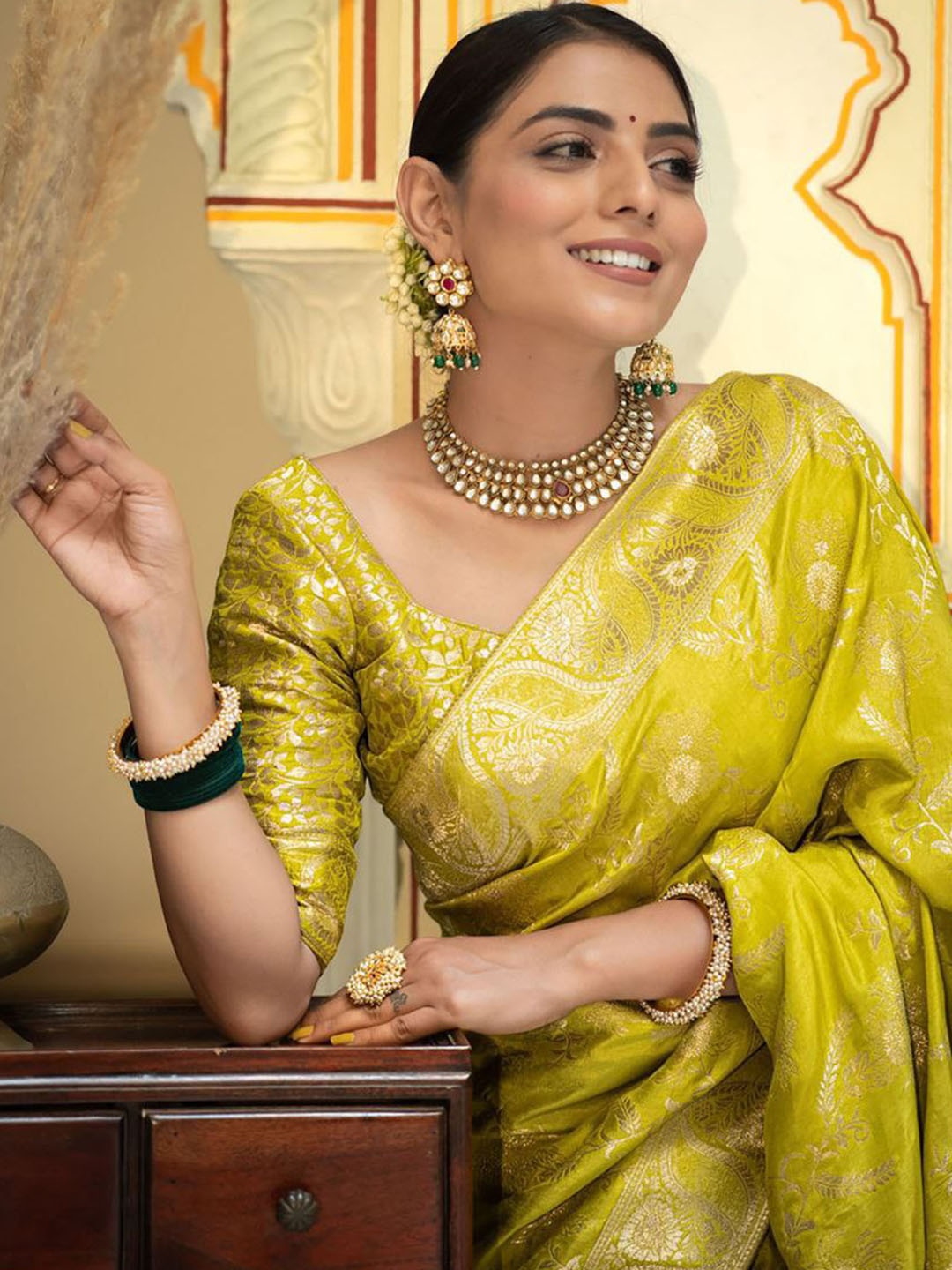 

S.K.C Woven Design Zari Banarasi Pure Silk Saree, Yellow