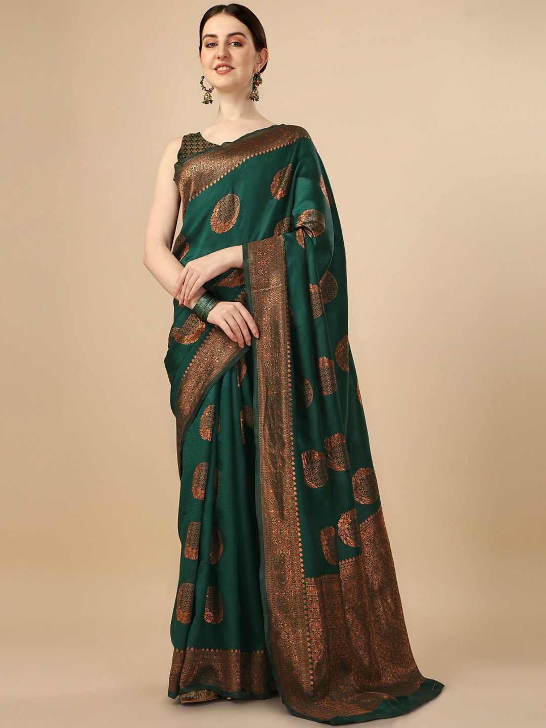 

RASVRITI Woven Design Zari Pure Silk Kanjeevaram Saree, Green