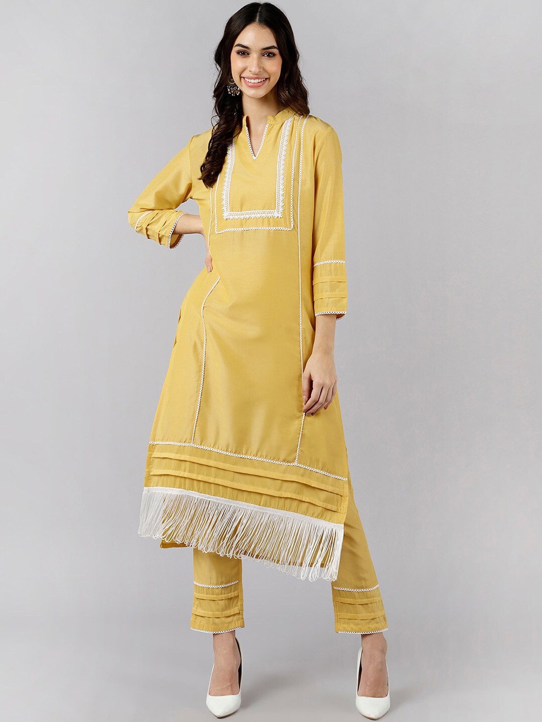 

AHIKA Striped Yoke Design Gotta Patti Straight Kurta With Trouser, Yellow