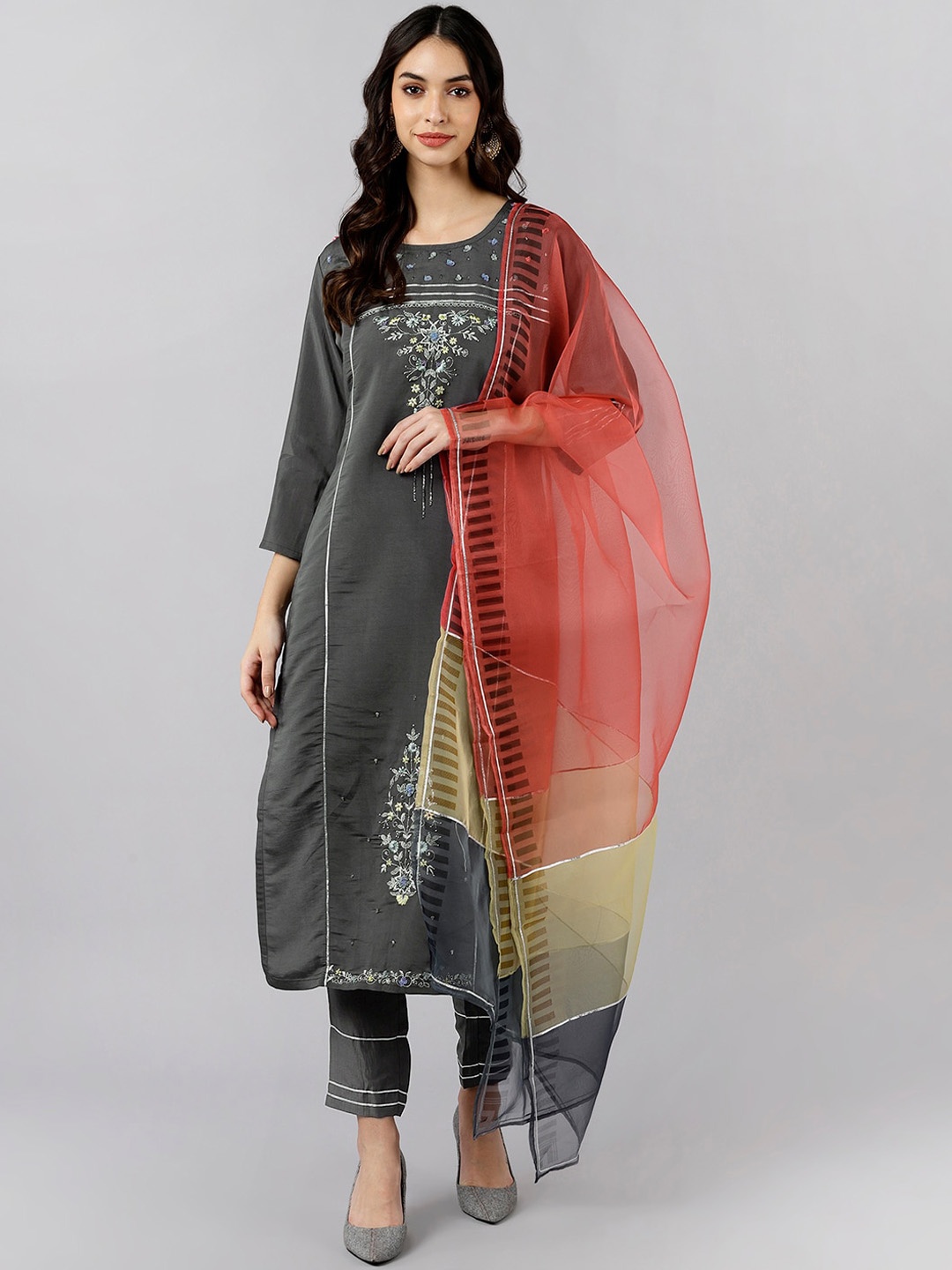 

AHIKA Floral Embroidered Straight Kurta With Trouser & Dupatta, Grey