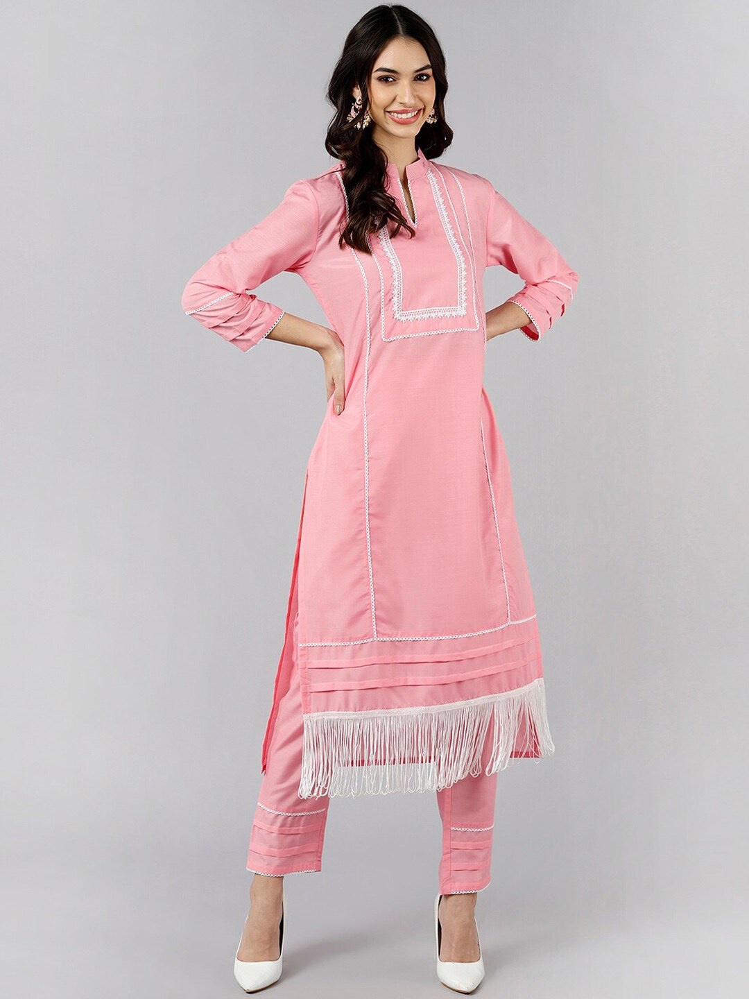 

AHIKA Striped Yoke Design Gotta Patti Straight Kurta With Trouser, Pink
