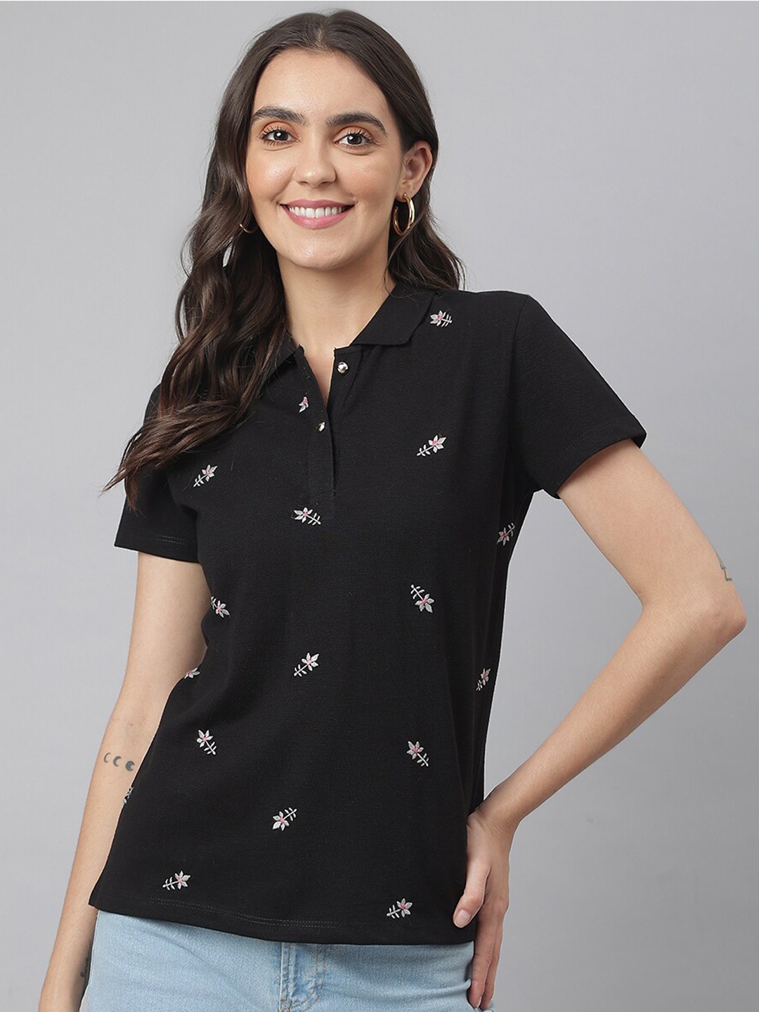 

Miss Grace Polo Collar Pure Cotton T-shirt, Black