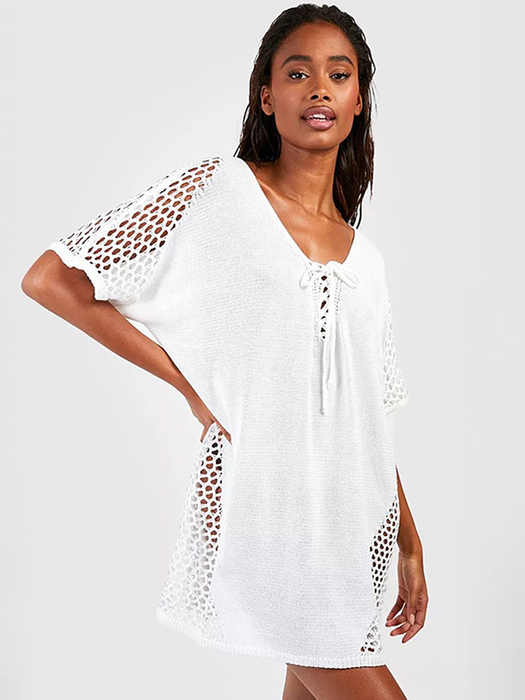 

LULU & SKY Self Design Swimwear Cover Up Top, White