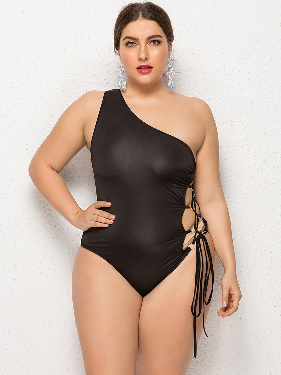 

LULU & SKY Plus Size One-Shoulder Lace-Up Bodysuit, Black