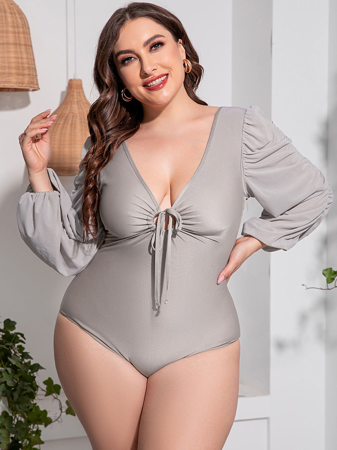 

LULU & SKY Plus Size V-Neck Swim Bodysuit, Grey
