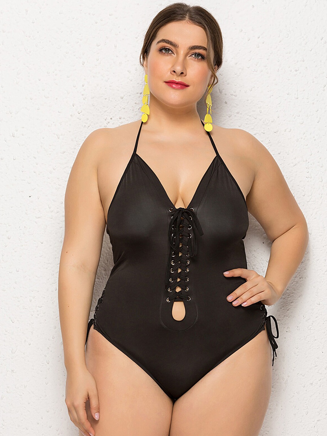 

LULU & SKY Plus Size Lace-up Straps Swim Bodysuit, Black
