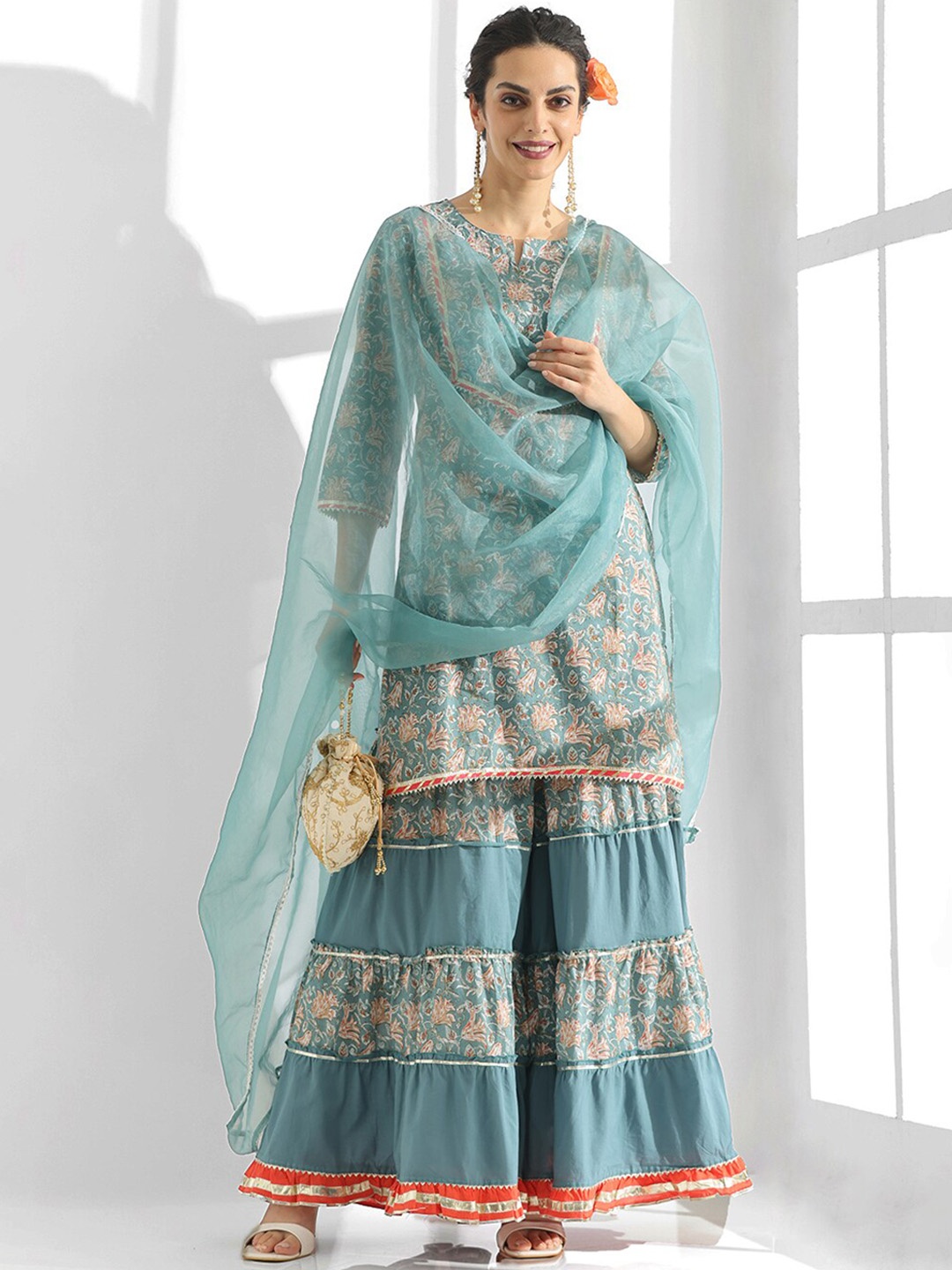 

Anouk Floral Printed Yoke or Border Gotta Patti Pure Cotton Kurti with Sharara & Dupatta, Teal