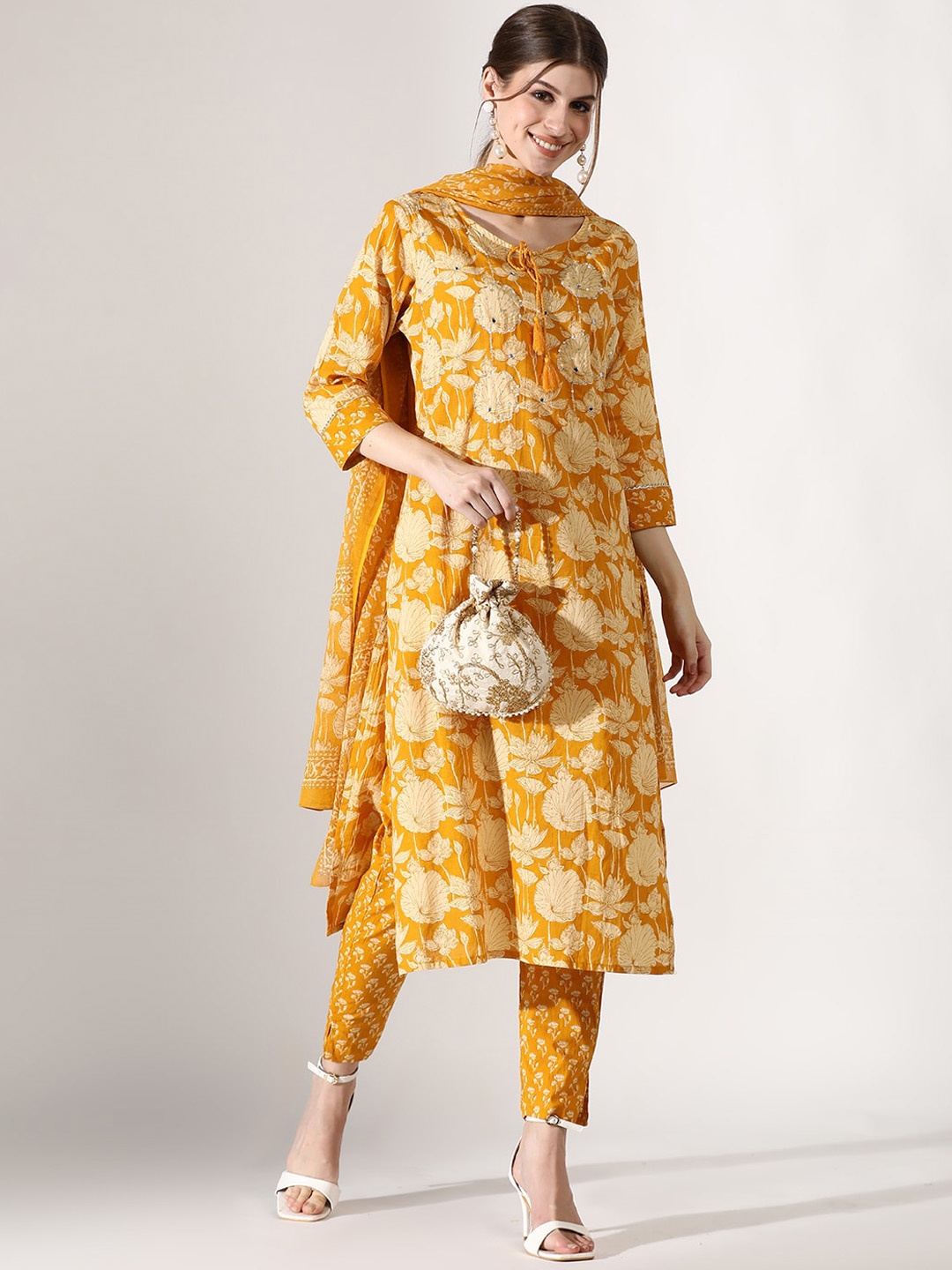 

Anouk Floral Printed Regular Pure Cotton Kurta with Trousers & With Dupatta, Mustard