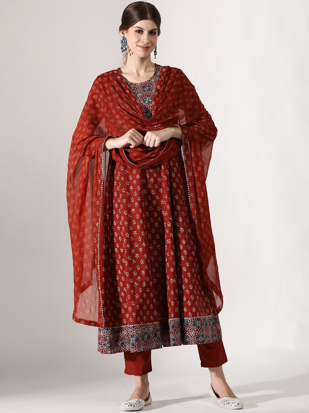 

Anouk Ethnic Motifs Printed Thread Work Anarkali Pure Cotton Kurta with Trousers & Dupatta, Maroon