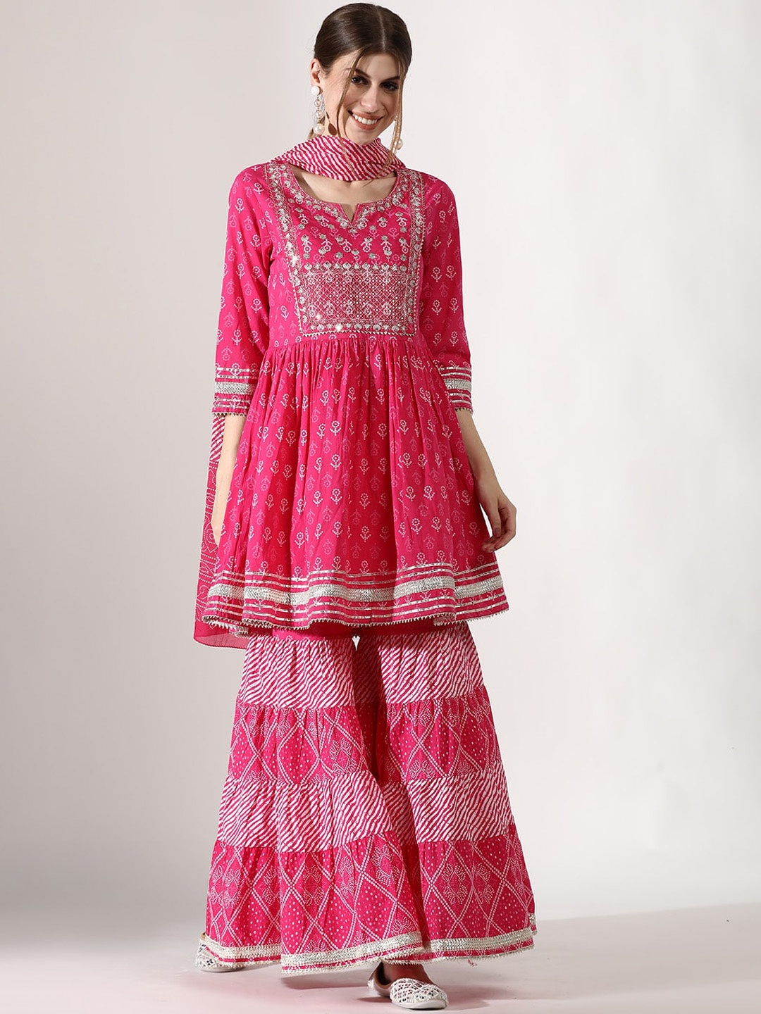 

Anouk Ethnic Motifs Panelled Gotta Patti Pure Cotton A-Line Kurti with Sharara & Dupatta, Fuchsia