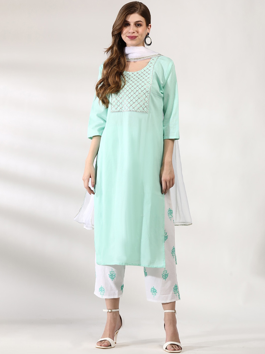 

Anouk Floral Yoke Design Sequinned Pure Cotton Straight Kurta with Trousers & With Dupatta, Turquoise blue