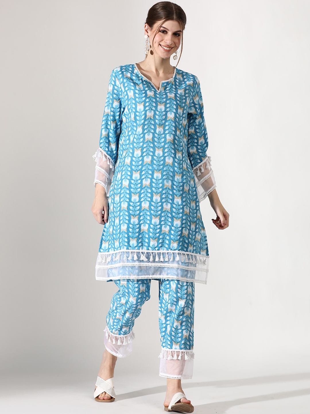 

Anouk Ethnic Motifs Printed Kantha Work Pure Cotton A-Line Kurta with Trousers, Blue