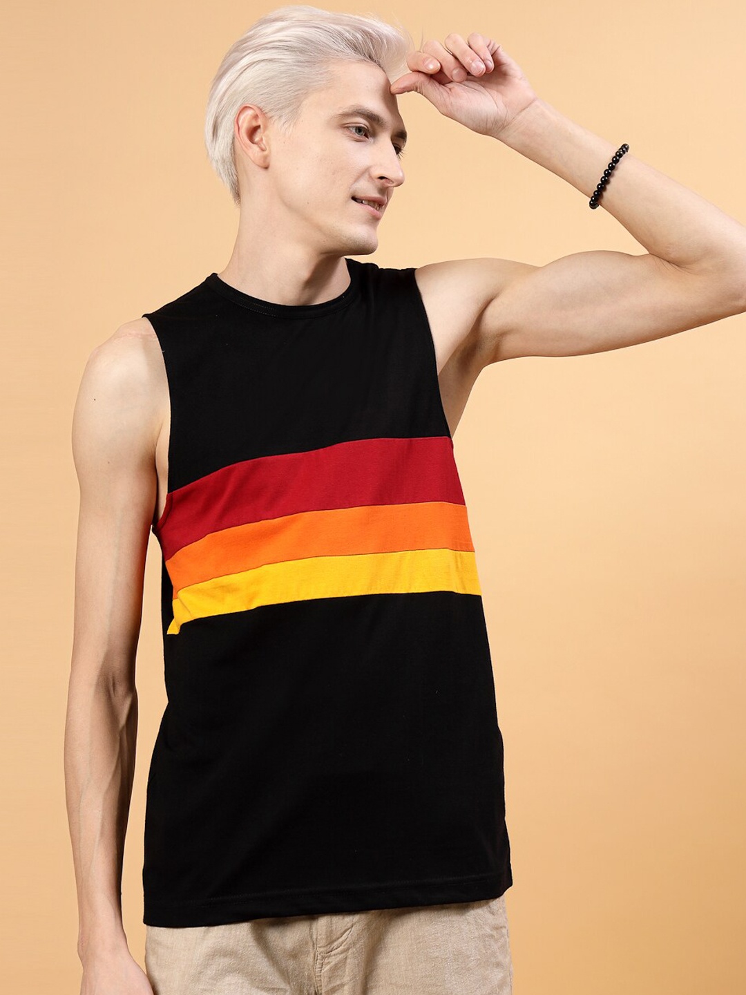 Rigo Striped Cotton Slim-Fit Innerwear Gym Vest SD03241079, Black