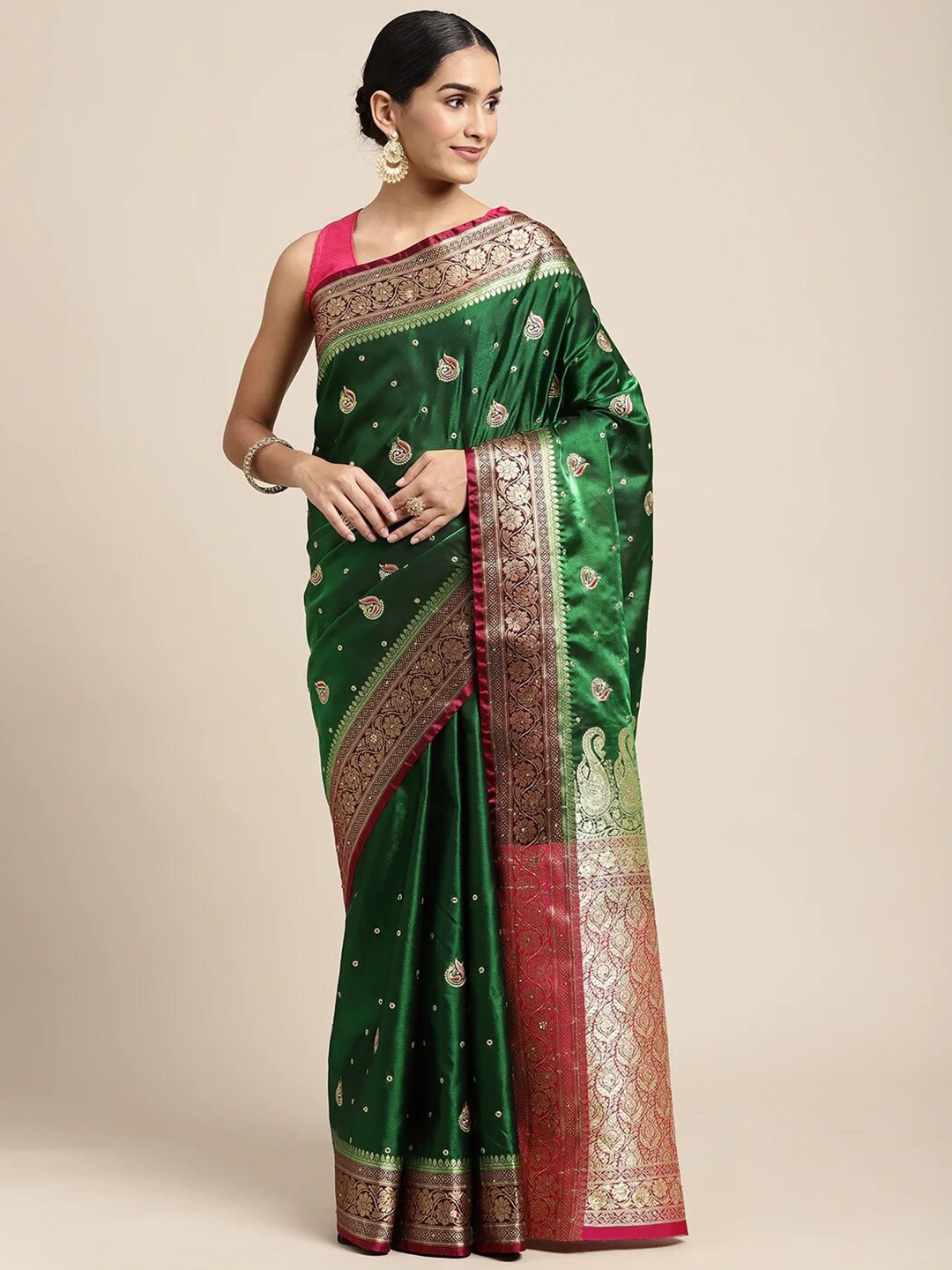 

RASVRITI Woven Design Zari Pure Silk Kanjeevaram Saree, Green