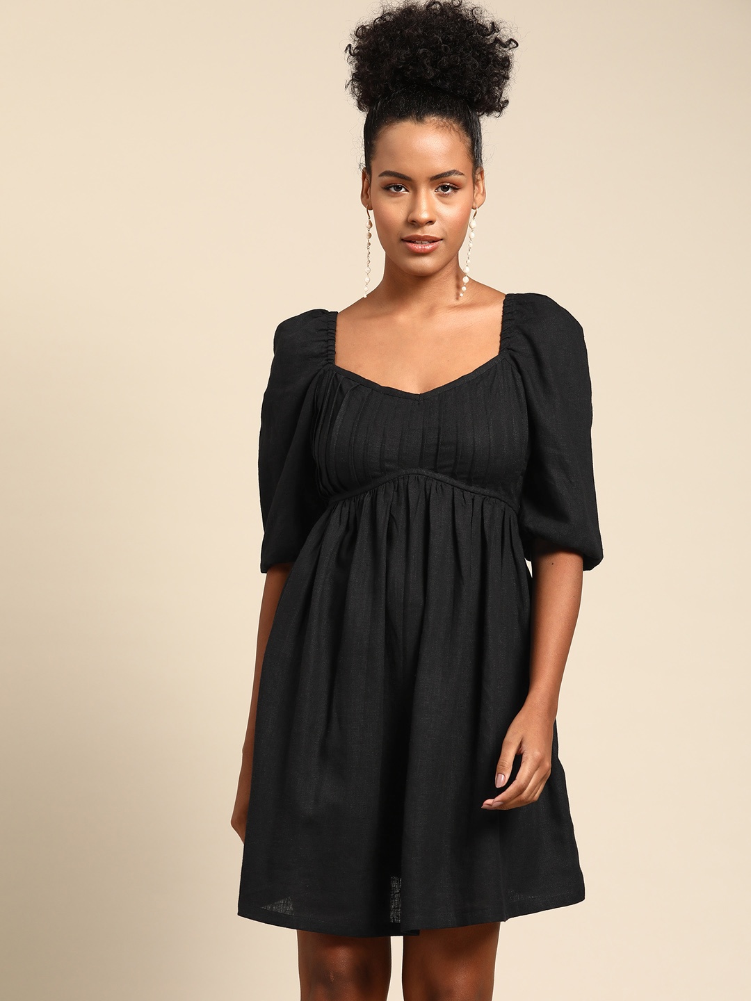 

WoowZerz Sweetheart Neck Puff Sleeve A-Line Dress, Black