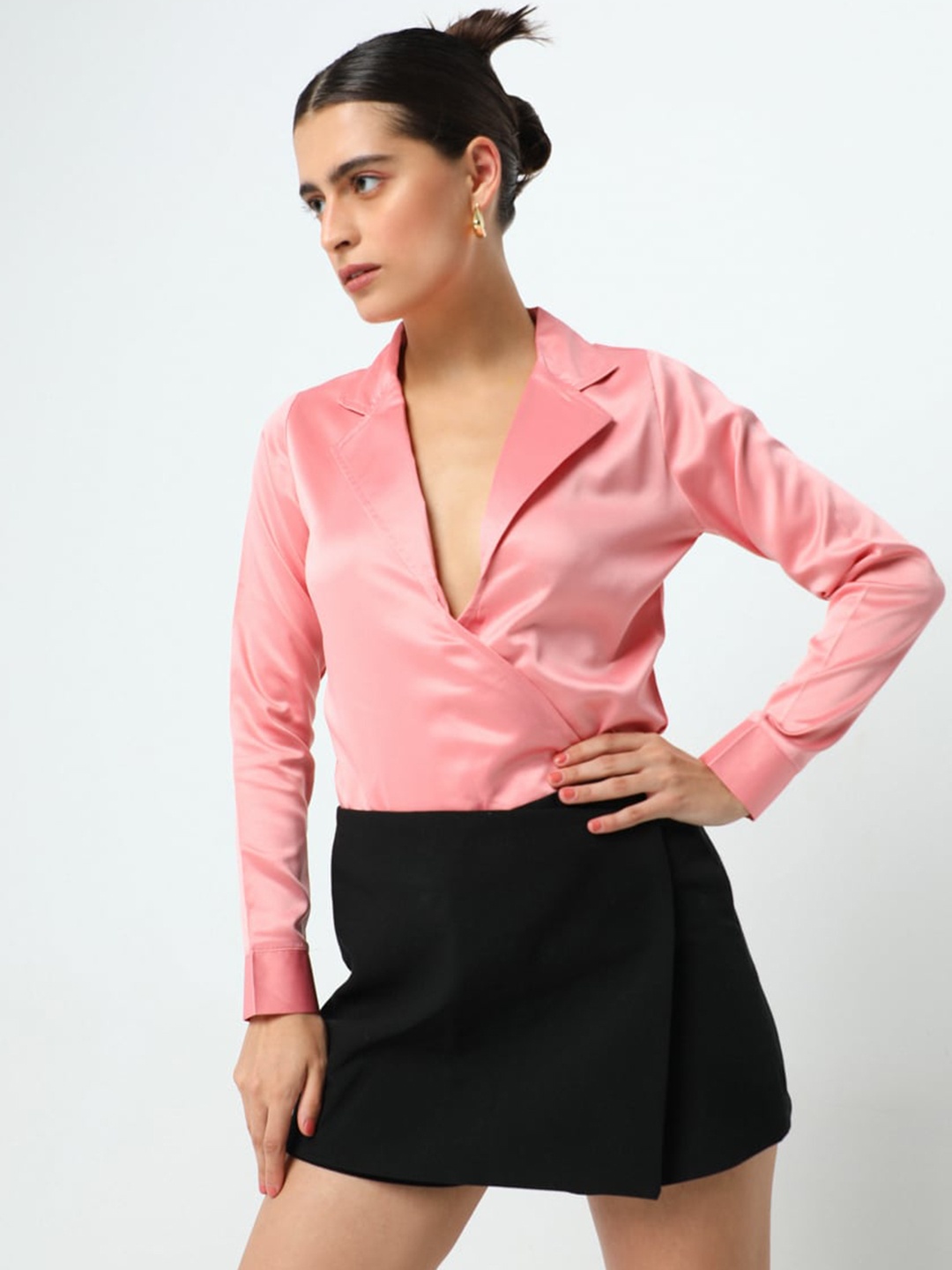 

DEBSTREET Lapel Collar Long Sleeves Bodysuit, Pink