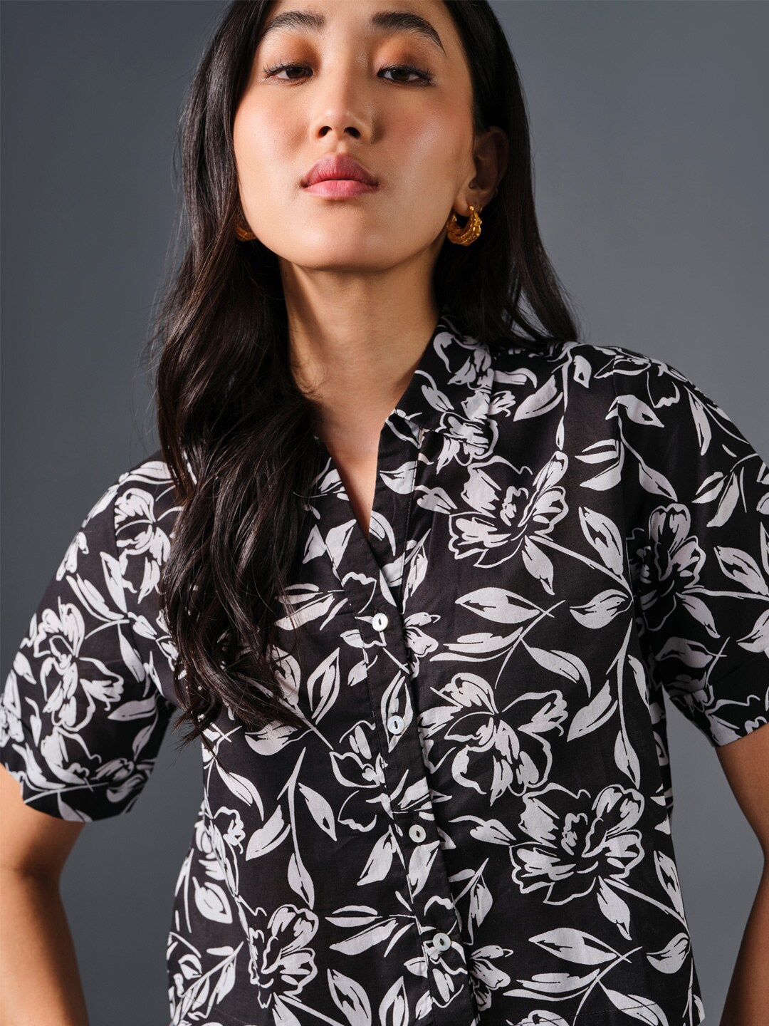 

AND Floral Print Cotton Shirt Style Top, Black