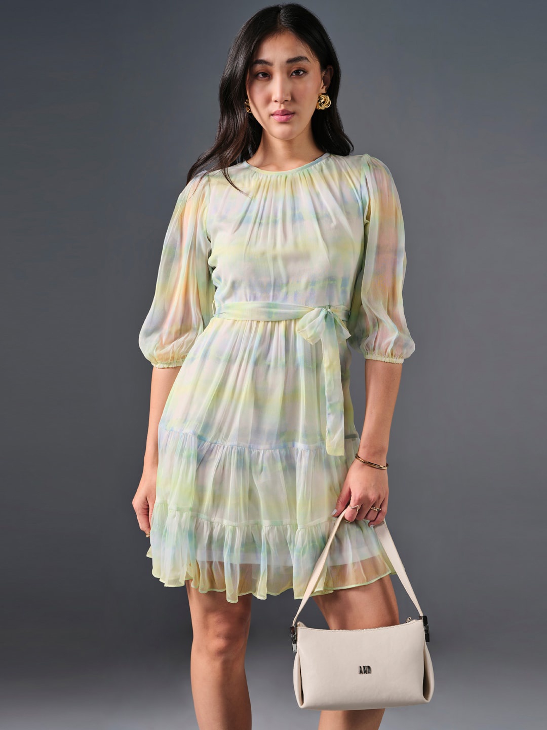 

AND Dyed Puff Sleeve Fit & Flare Dress, Multi