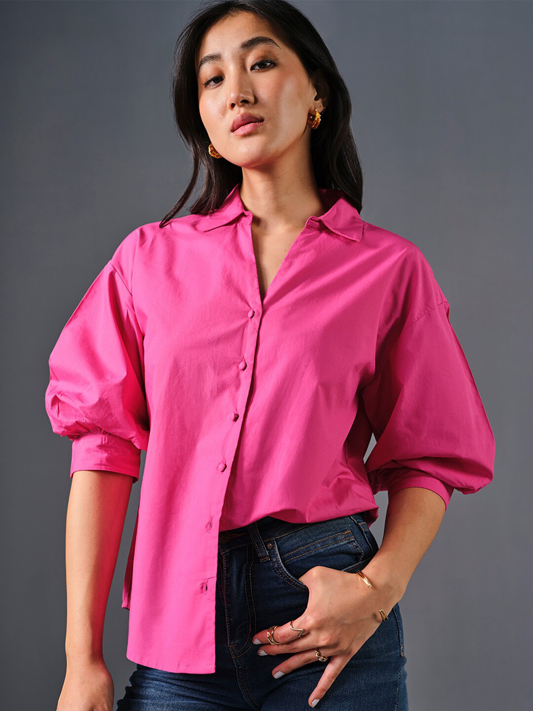 

AND Puff Sleeve Cotton Shirt Style Top, Pink