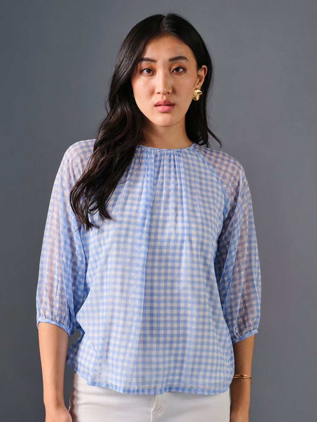 

AND Checked Keyhole Neck Blouson Top, Blue