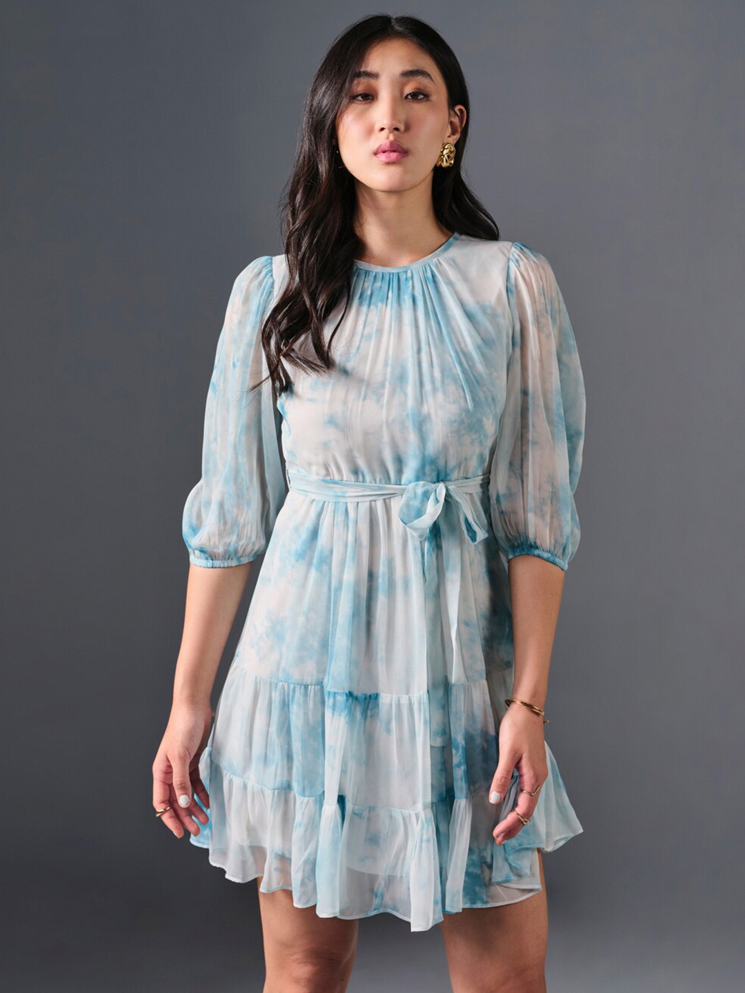 

AND Dyed Puff Sleeve Fit & Flare Dress, Blue