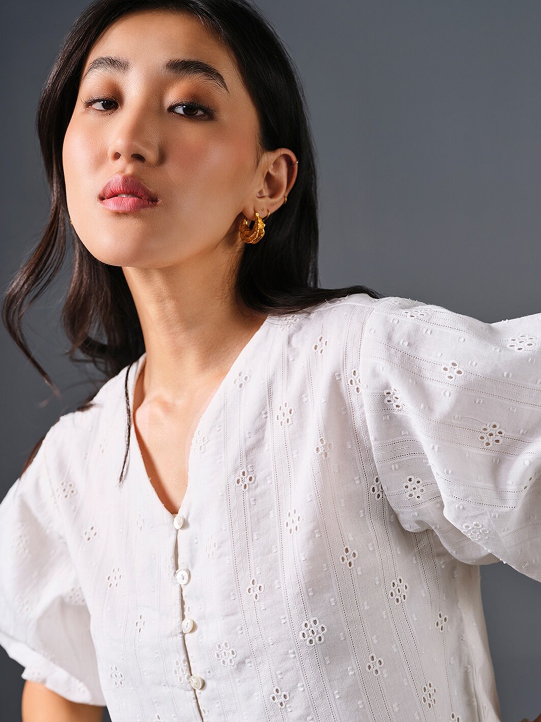 

AND Floral Cotton Top, White