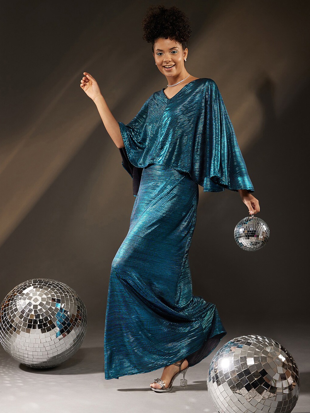 

KALINI Women Cape Sleeve Satin Maxi Dress, Blue