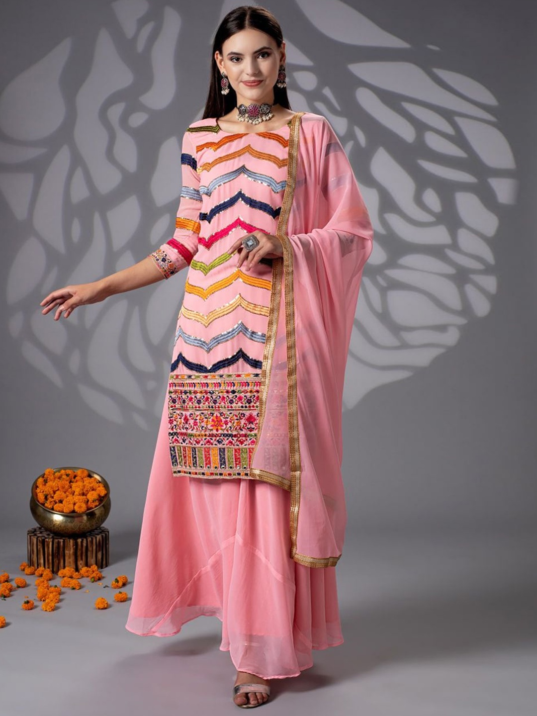 

Rujave Embroidered Pleated Sequinned Kurta with Sharara & With Dupatta, Pink